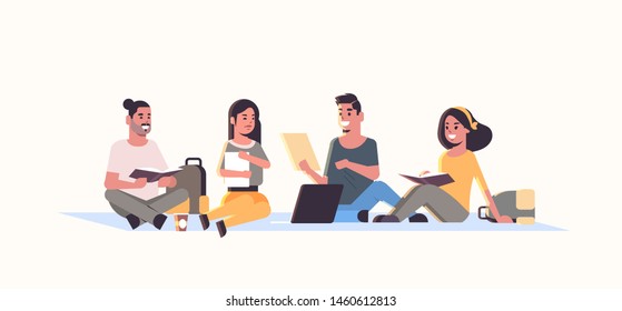 young teenage students group sitting together college friends relaxing and talking education concept flat female male cartoon characters horizontal full length