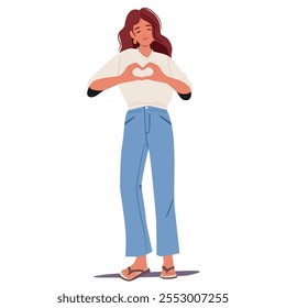 Young teenage woman cartoon character showing heart love hand gesture isolated on white background. Smiling female teenager sending romantic message using body language symbols vector illustration