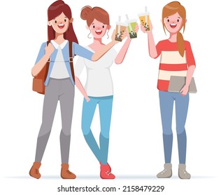 Young teenage woman happy to join with bubble milk tea drinks. Flat cartoon character design.