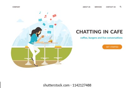 Young teenage woman sitting in the cafe, drinking coffee and working on laptop. Flat vector website template and landing page design of student working and chatting with friends in social networks