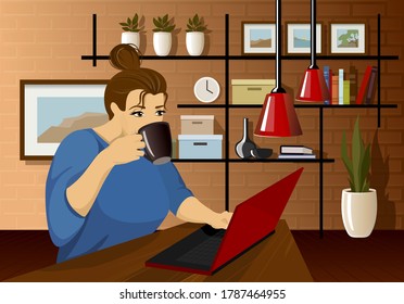 Young teenage woman uses laptop for work or chatting with friends. Daily life of office employee, creative freelance worker or writer. Working from home, remote job. Online shopping. Cartoon vector.