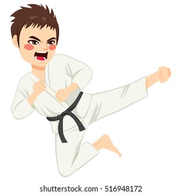 Young teenager black belt karate boy doing kick jump