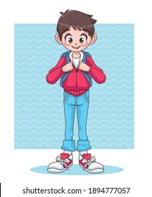 young teenager boy kid with school bag character vector illustration design
