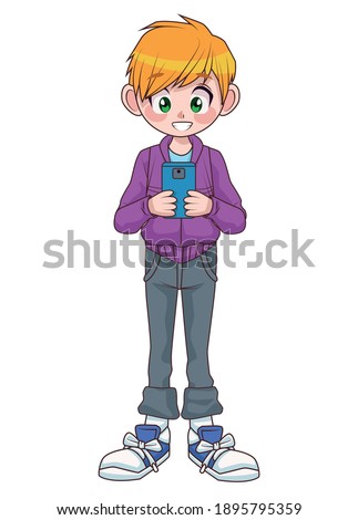 young teenager boy kid using smartphone character vector illustration design