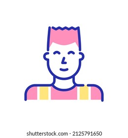 Young teenager boy with short hair wearing a t-shirt. Avatar profile picture. Pixel perfect, editable stroke fun color icon
