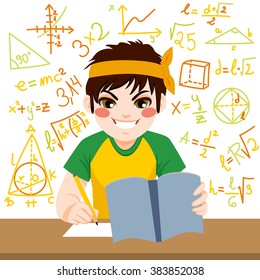 Young Teenager Boy Studying Hard Mathematics Exam With Notebook Surrounded By Formulas