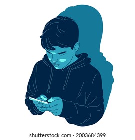 Un joven adolescente usa su ilustración del vector de su teléfono aislado en el concepto de adicción a Internet, teléfono o blanco, adolescente de pensamiento serio con smartphone.