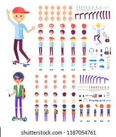 Young teenager character animated isolated icons construction vector. Boy with skateboard, vape and gyroscooter. Parts of body and male emotions set