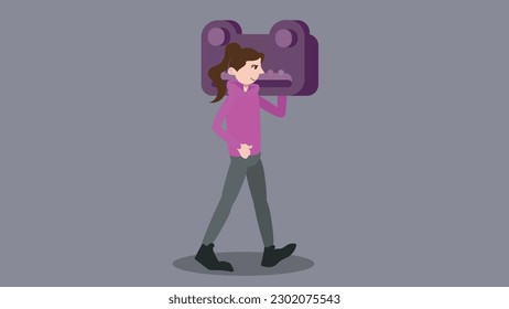 Young teenager character carrying boombox. woman walking and carrying a boom box radio on his shoulder, Vector.
