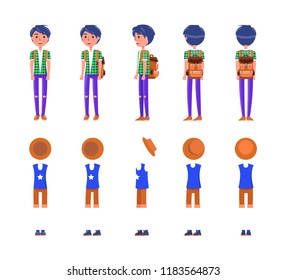 Young teenager clothes stylish icons set vector. Clothing of fashionable male with cool hairstyle, modern hipster look. T-shirts and trousers hat