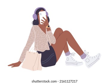 Young teenager girl in casual outfit with cell phone covering face, sport watch and earphones, Isolated vector illustration. Wall art, card, t-shirt design element. Woman listening music .