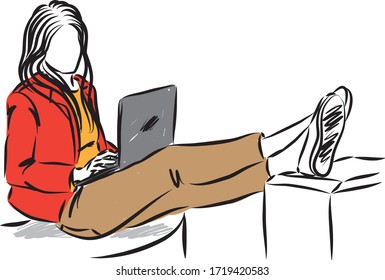 YOUNG TEENAGER GIRL WITH LAPTOP COMPUTER READING vector illustration