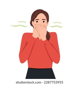 Young teenager girl pinching her nose bad stinking bad smell concept. Flat vector illustration isolated on white background