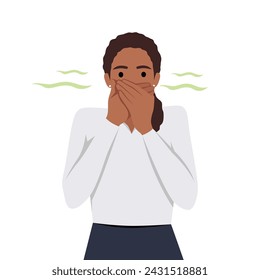 Young teenager girl pinching her nose bad stinking bad smell. Flat vector illustration isolated on white background