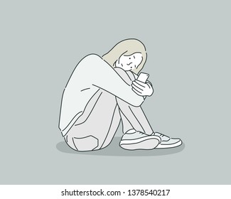 Young teenager girl suffering mobile cell phone addiction feeling lonely and depressed having insomnia needing to be connected sitting on floor. Hand drawn style vector design illustrations.