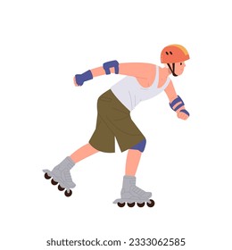Young teenager guy wearing helmet and protective gears rollerblading isolated on white background