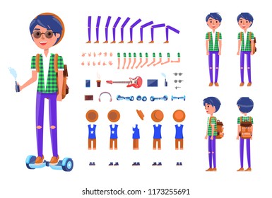 Young teenager with hoverboard isolated icons set vector. Boy with have, mobile phone, headphones and guitar musical instrument. Backpack and gestures