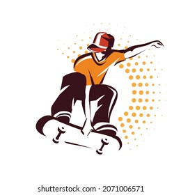 young teenager jumping on the skate board, skateboarding stylized vector silhouette, t-shirt print template