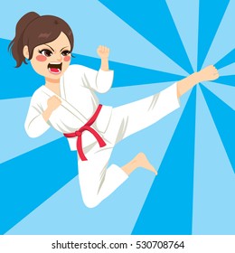 Young teenager karate girl doing kick jump with comic background