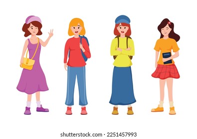 Young teenager ladies in cartoon character,different style,wearing leisure trendy costume