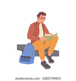Young teenager male student character reading book during time break in education process