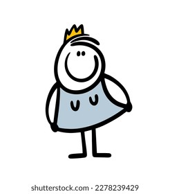 Young teenager in princess crown showing us her modern blue dress. Vector illustration of female stick figure character and royal clothes.