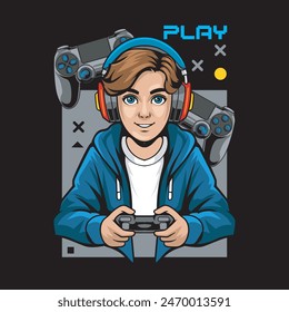 Young Teenager Streamer gamer with headphone mascot logo design vector for badge, emblem, esport and t-shirt printing