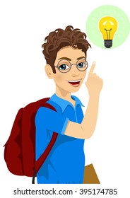 young teenager student boy with glasses pointing finger to light bulb having an idea