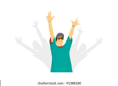 a young teenager waves hands on an evening-party on a white background
