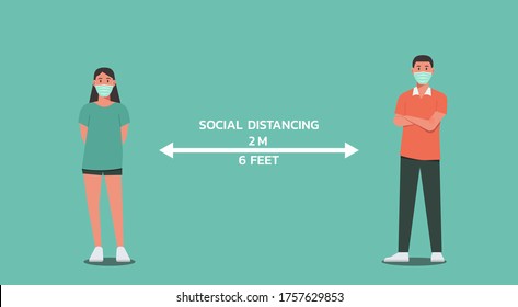 young teenager wear face mask standing together and maintain social distancing, keep distance, character flat vector illustration