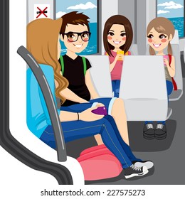 Young teenagers commuting by train sitting talking and communicating with their smartphones