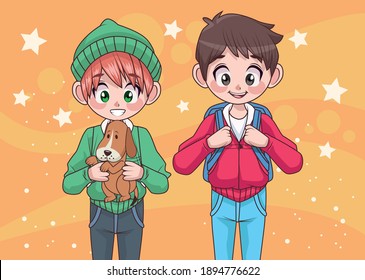 young teenagers couple boys kids characters vector illustration design