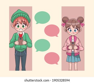 young teenagers couple chatting with smartphones anime characters vector illustration design