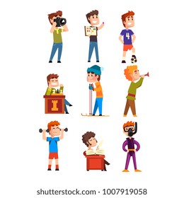 Young Teenagers Hobby Set. Cartoon Kids Characters. Collecting Stamps, Football, Chess, Photography, Sports, Diving, Playing Trumpet, Poetry. Flat Vector