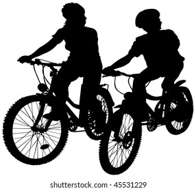 Young teenagers on bicycles. Vector silhouettes with many details.