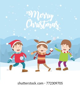 Young Teenagers Playing Snowball in Christmas Night Snowfield