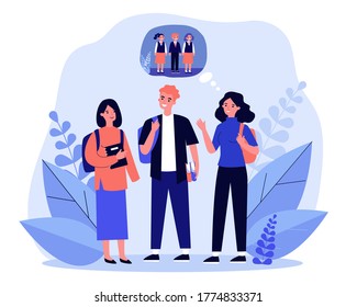 Young teenagers remembering primary school. Memory, child, pupil flat vector illustration. Communication and relationship concept for banner, website design or landing web page