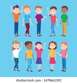 Young teenagers smiling and greeting with casual clothes on blue background, set of characters. vector illustration graphic design.