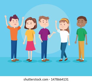 Young teenagers smiling and greeting with casual clothes on blue background, set of characters. vector illustration graphic design.