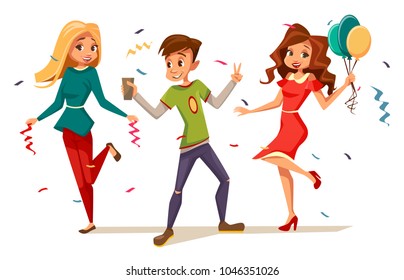 Young teens dancing at party vector illustration of cartoon kids isolated characters celebrating birthday or holiday. Flat design of boy with cocktail drink and girls with balloons in party confetti