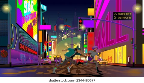 Jóvenes adolescentes corriendo juntos por la noche en la Ciudad del Metro, ilustración vectorial al estilo ciberpunk.