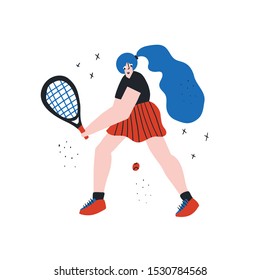 Young tennis girl flat hand drawn illustration. Teenager hitting two-handed backhand cartoon character. Female athlete playing tennis. Sport determination concept. T shirt print design