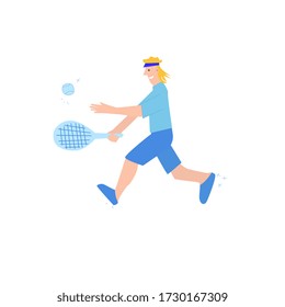 Young tennis man flat hand drawn illustration. Teenager cartoon character hits a ball with a two-handed backhand. Athlete plays tennis. Definition of sport.