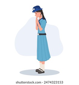young thai girl scout in uniform greeting sawasdee in traditional thai culture youth scouting