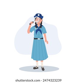 young thai girl scout uniform with magnifying glass, discover the world with a young thai girl scout, exploring with a young thai girl scout.
