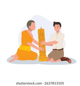 A young Thai student offers a candle to a monk during Khao Phansa at a temple