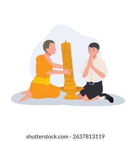 A young Thai student offers a candle to a monk during Khao Phansa at a temple
