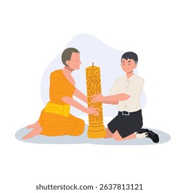 A young Thai student offers a candle to a monk during Khao Phansa at a temple
