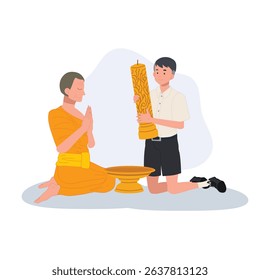 A young Thai student offers a candle to a monk during Khao Phansa at a temple