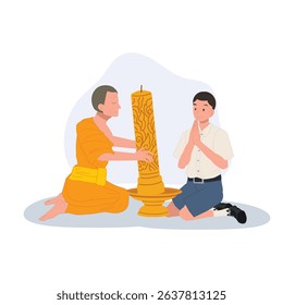 A young Thai student offers a candle to a monk during Khao Phansa at a temple
